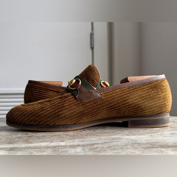 GUCCI Brown Corduroy Web Gold Horsebit Slip On Loafers 8.5 / 9 Moccasins $1000 - Picture 6 of 16